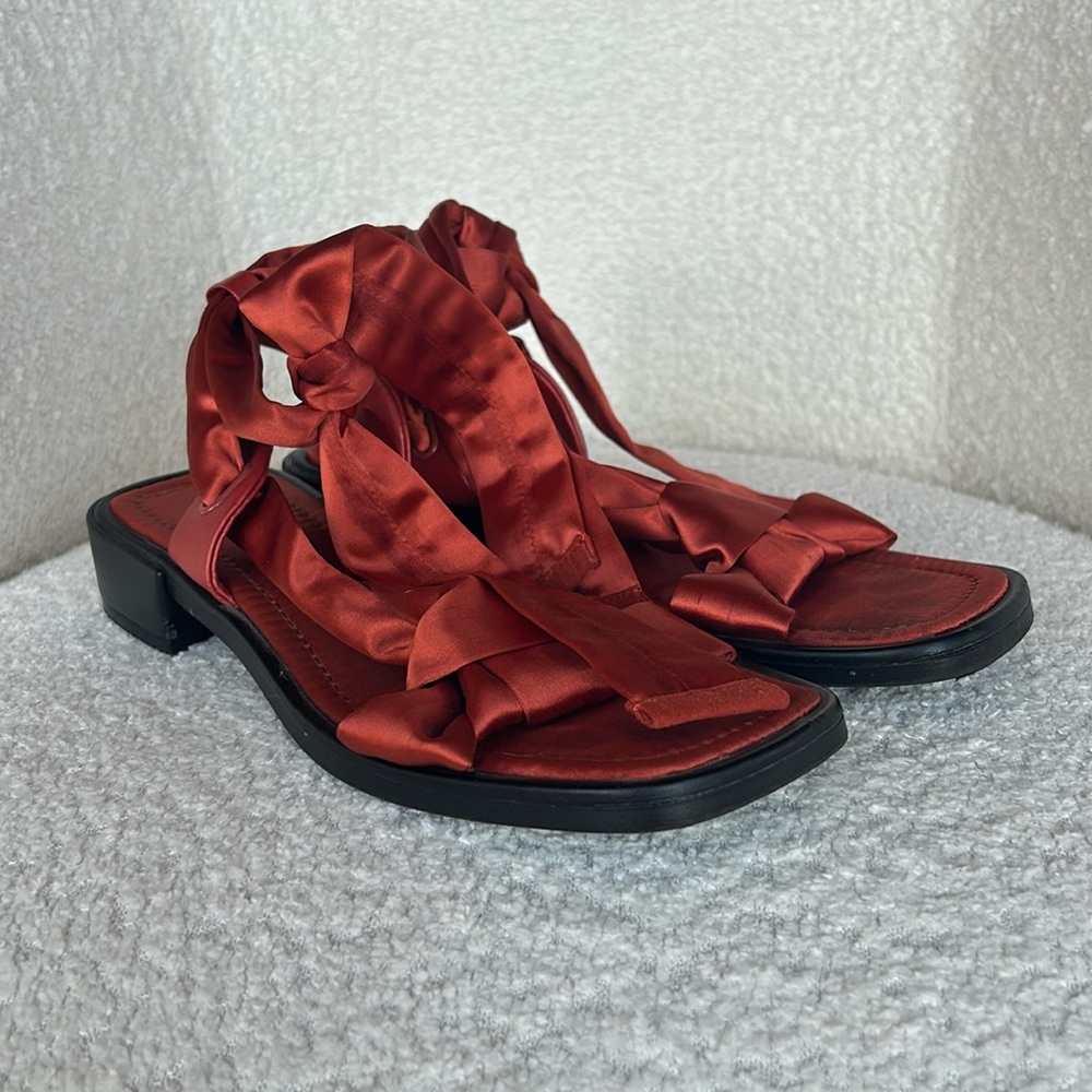 Zara Woman Strappy Tie Orange Satiny Sandals SZ 8